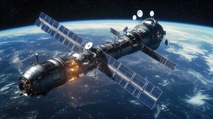 A futuristic space station orbiting Earth, with solar panels and docking spacecraft, representing the future of space exploration