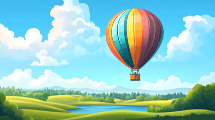 Obraz premium Colorful hot air balloon flying over a scenic landscape with a lake and green fields.