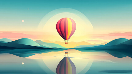 Obraz premium A hot air balloon floats over a calm lake with mountain range in the background, with the sun rising above.