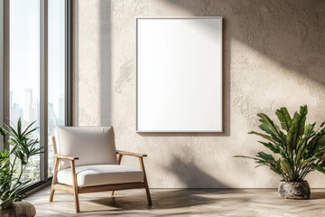 Fototapeta premium Poster Frame in Beige minimalist living room interior created with generative AI