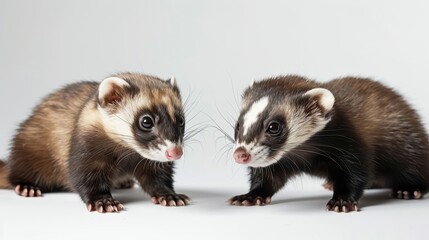 Obraz premium Two Adorable Ferrets Facing Each Other on a White Background in a Studio Setting