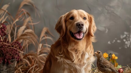 Obraz premium Golden Retriever Dog Sitting in Rustic Autumn Setting with Bird and Dried Plants