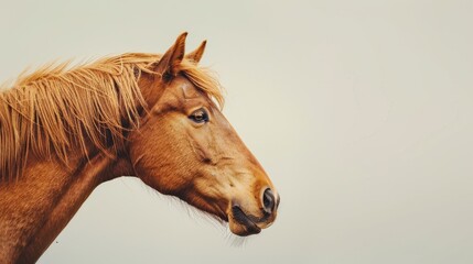 Fototapeta premium Close-Up Portrait of a Majestic Brown Horse with Windswept Mane Against a Soft Sky Background