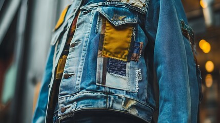 Close-up of a blue denim jacket with patches and distressed details.