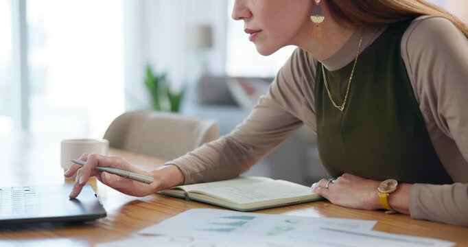 Woman, writing and laptop in home for budget, planning and savings account for personal debt. Female person, tech and bank statement in living room with expenses, finance and loan payment schedule