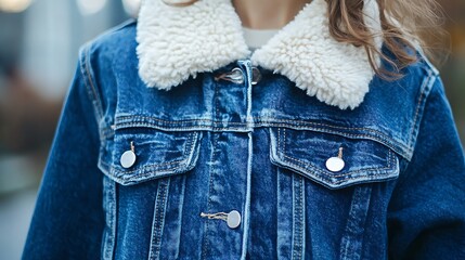 Close up of a blue denim jacket with a fluffy white collar.
