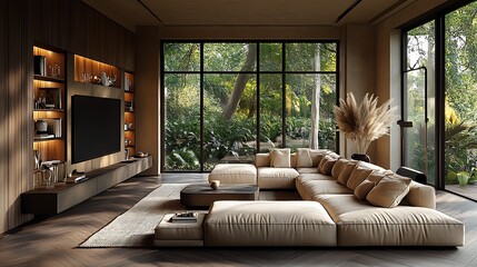 Fototapeta premium Modern living room with wooden accents and large windows. 3D Rendering 