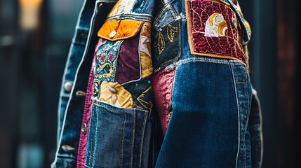 Close-up of a denim jacket with colorful patches and embroidery.