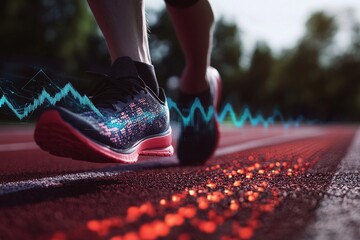 Close up of running shoes on track with holographic waves and sports technology visualization