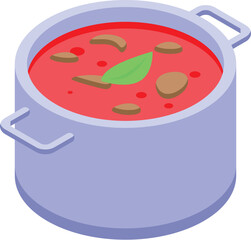 Tomato soup with herbs and spices cooking in a metal pot with handles