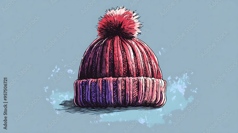 Wall mural hand-drawn illustration of a pink knitted beanie with a fluffy pom-pom.