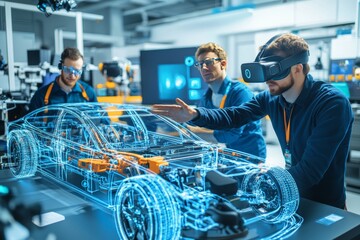 Team of automotive engineers collaborating on electric car prototype in virtual reality environment