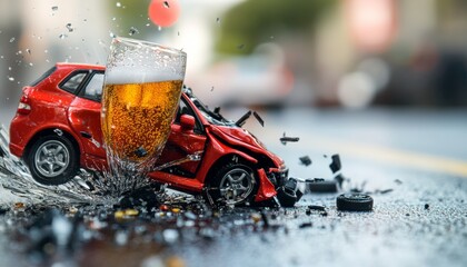 Close up of car model and beer glass colliding on road   accident and insurance concept