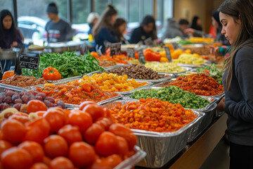 Obraz premium A woman is looking at a table full of food