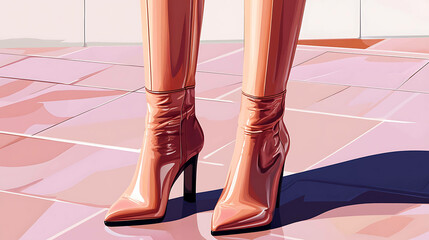 Pair of stylish pink patent leather heeled boots.