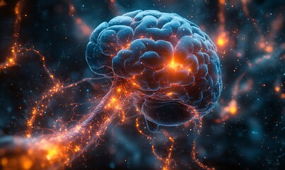 Fototapeta premium Human brain stimulation or activity with neuron close-up 3D rendering illustration. Neurology, cognition, neuronal network, psychology, neuroscience scientific concepts design 