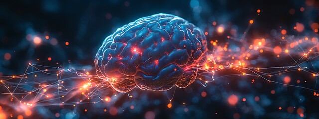  Human brain stimulation or activity with neuron close-up 3D rendering illustration. Neurology, cognition, neuronal network, psychology, neuroscience scientific concepts design 