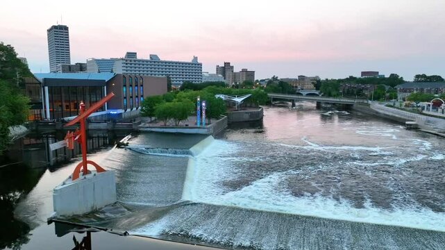 Aerial Arc Shot of South Bend Riverfront at Sunset