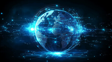 A glowing blue digital globe with lines and dots representing a global network.