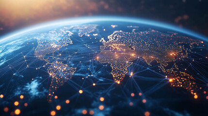 A stylized image of the Earth with glowing lines connecting cities across the globe, showing a network of global connections.