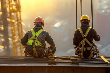 Fototapeta premium Construction workers in safety gear operating at heights with fall arrestor devices for protection