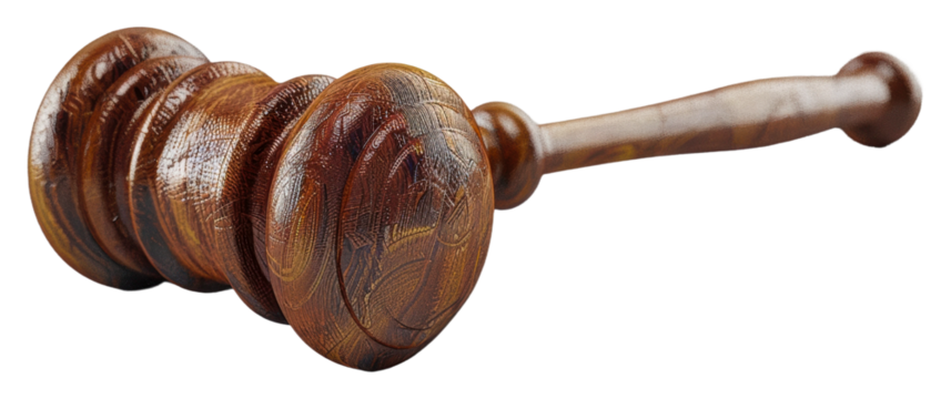 Wooden gavel resting on a reflective surface in a legal setting isolated on transparent background