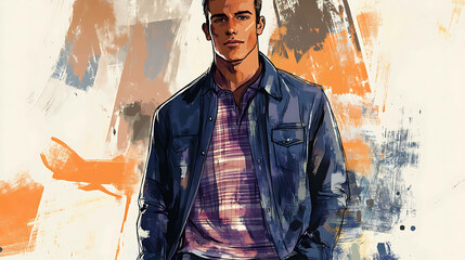 Obraz premium A stylish man in a denim jacket and striped shirt in front of an abstract paint splatter background.
