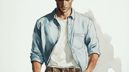A watercolor illustration of a man wearing a white t-shirt, a blue shirt, and brown pants.