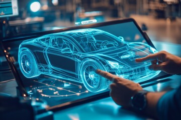 Car design engineers using holographic tech to innovate eco friendly electric vehicle aerodynamics