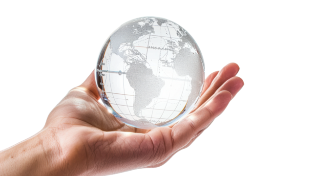 Hand holding a clear globe showing continents and grid lines isolated on transparent background