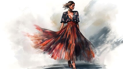 Fototapeta premium Beautiful woman in a flowing red dress with a floral top, watercolor style.