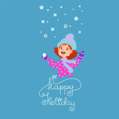 Happy girl admire falling snow. Winter outdoor activity. Vector illustration.