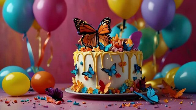 An elaborate birthday cake with layers of bright icing and decorative edible butterflies, against a backdrop of multicolored balloons and streamers.