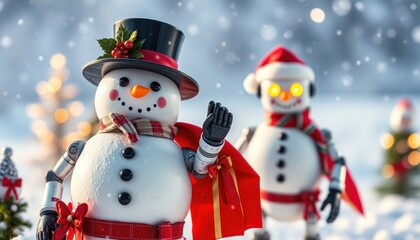 santa claus with snowman and robots snowman technology