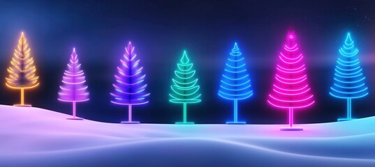 A row of glowing, neon Christmas trees in various colors against a dark sky, set on a snowy landscape. Modern holiday decoration and festive celebration concept. Copy space available.