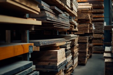 Close up photography of stacked wood planks in a warehouse setting with shelving display