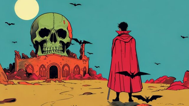 A dark villain looms ominously, framed by an eerie skullshaped structure, capturing a sense of dread and intrigue.