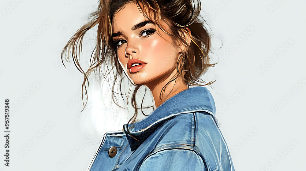 Wall mural Beautiful woman with long hair and a denim jacket, digital illustration.