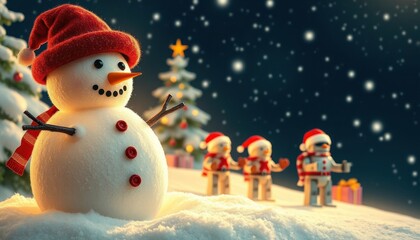 Obraz premium Cute snowman, wearing a red Santa hat and a striped scarf. The snowman has a cheerful face with sparkling eyes and a carrot-shaped nose. In the background, there is a Christmas tree decorated. robots 