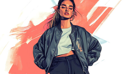 Fototapeta premium A woman with her eyes closed wearing a black bomber jacket.