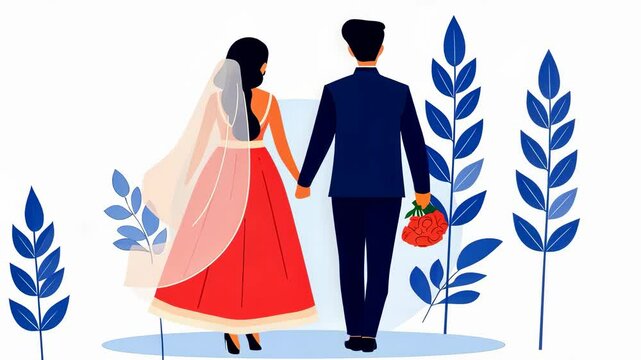 Modern illustration of an Indian wedding couple from the back, showcasing their elegant attire on a clean white background.