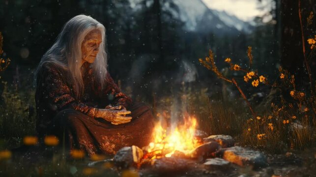 a grandmother sitting in front of a campfire to warm her body. seamless looping time-lapse virtual 4k video Animation Background.