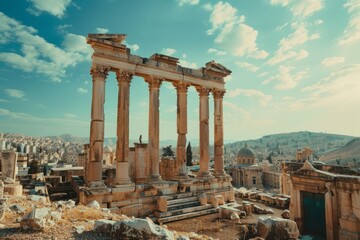 Beneath a vast, cloud-dotted sky, a solitary visitor admires the towering Corinthian columns of Jerash. The sun casts warm hues over the historic site, revealing its ancient beauty