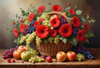 Autumn still life with apples and flowers in basket