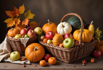 Pumpkins and vegetables with leaves in harvest basket background