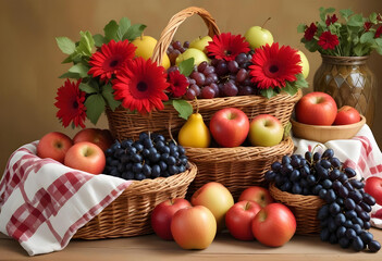 Autumn still life with apples and flowers in basket