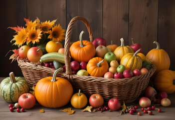 Pumpkins and vegetables with leaves in harvest basket background