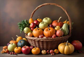 Pumpkins and vegetables with leaves in harvest basket background