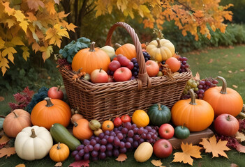 Pumpkins and vegetables with leaves in harvest basket background