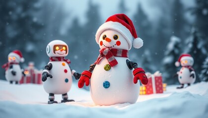 Fototapeta premium Cute snowman, wearing a red Santa hat and a striped scarf. The snowman has a cheerful face with sparkling eyes and a carrot-shaped nose. In the background, there is a Christmas tree decorated. robots 